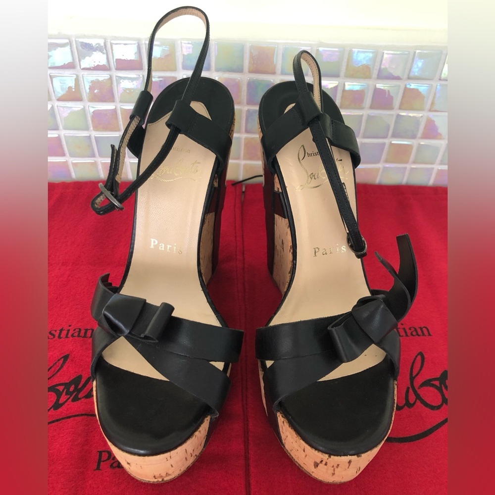 Sz 6.5 Christian Louboutin Miss Cristo VIP 140 Black Strappy Cork Platform Heels